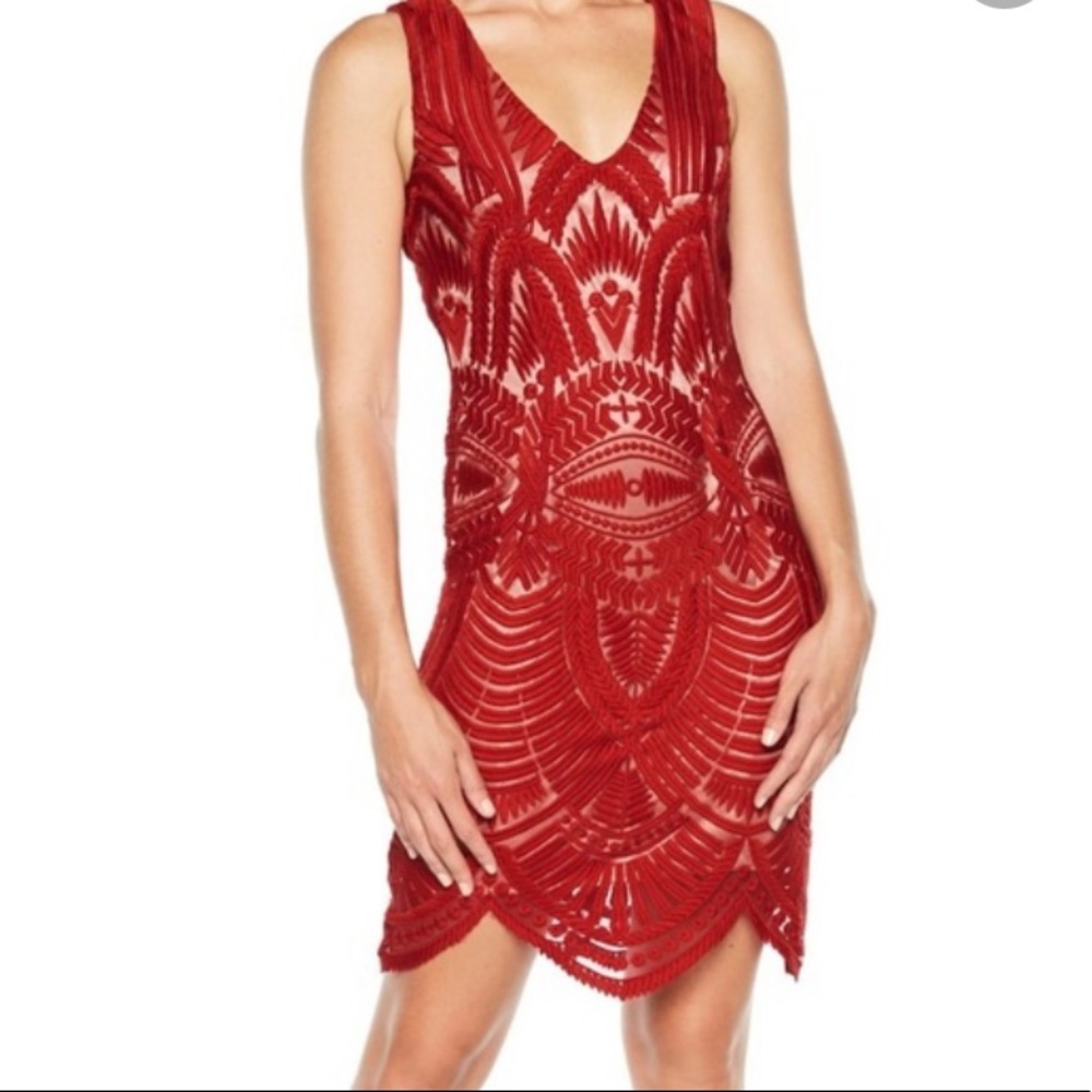 Sleeveless Red V-Neck Beaded Cocktail Dress